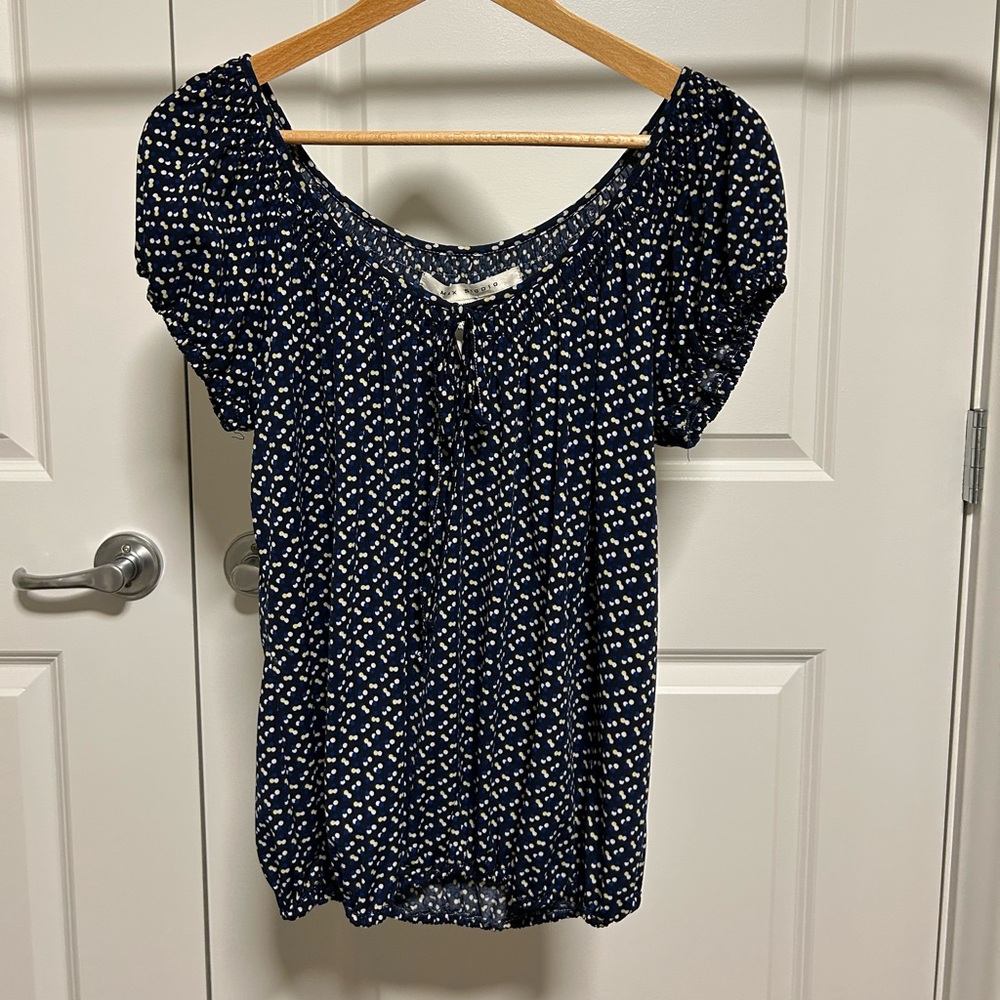 Max Studio Navy Blue Blouse with White and Blue Polka Dots